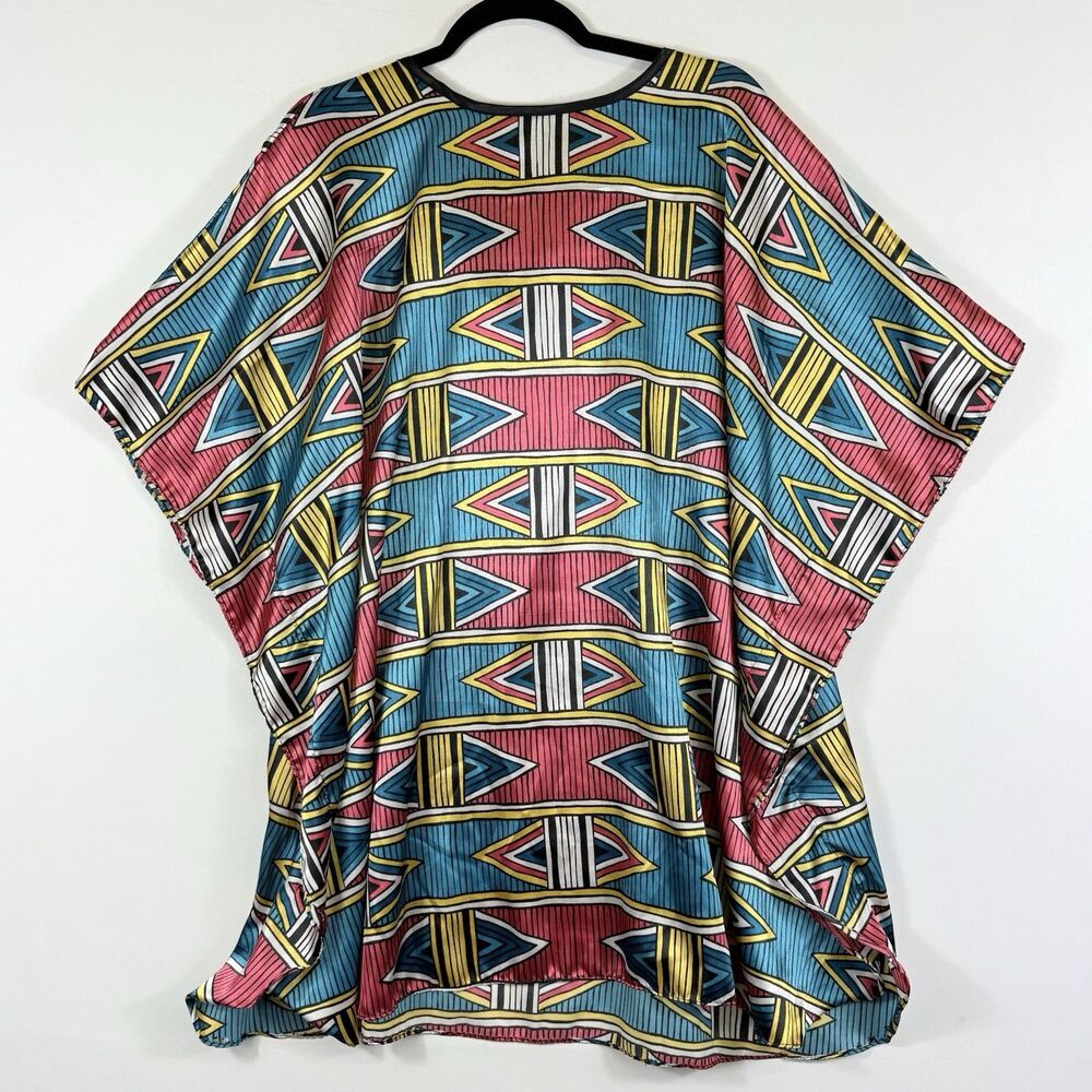 Winlar Vtg Top Women 1X Geometric Satin Vacation Beach Oversized Blouse Boho - Picture 5 of 6
